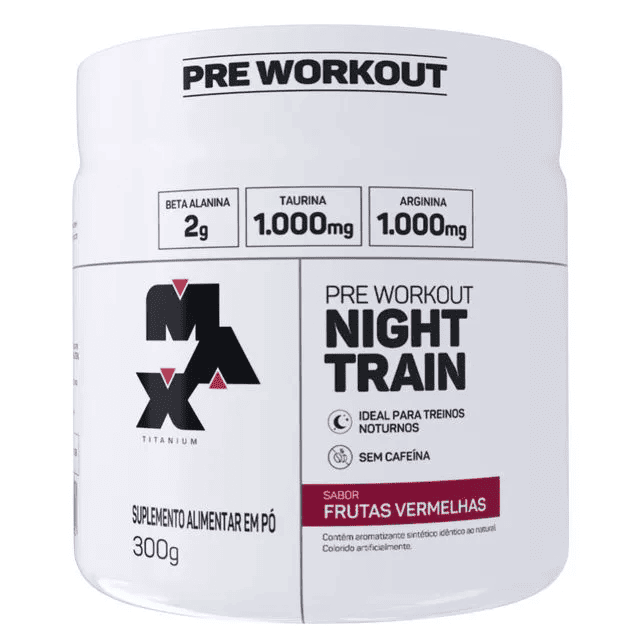 Imagem do pré-treino Nigth Train da Max Titanium. Melhores suplementos para ganhar massa muscular.